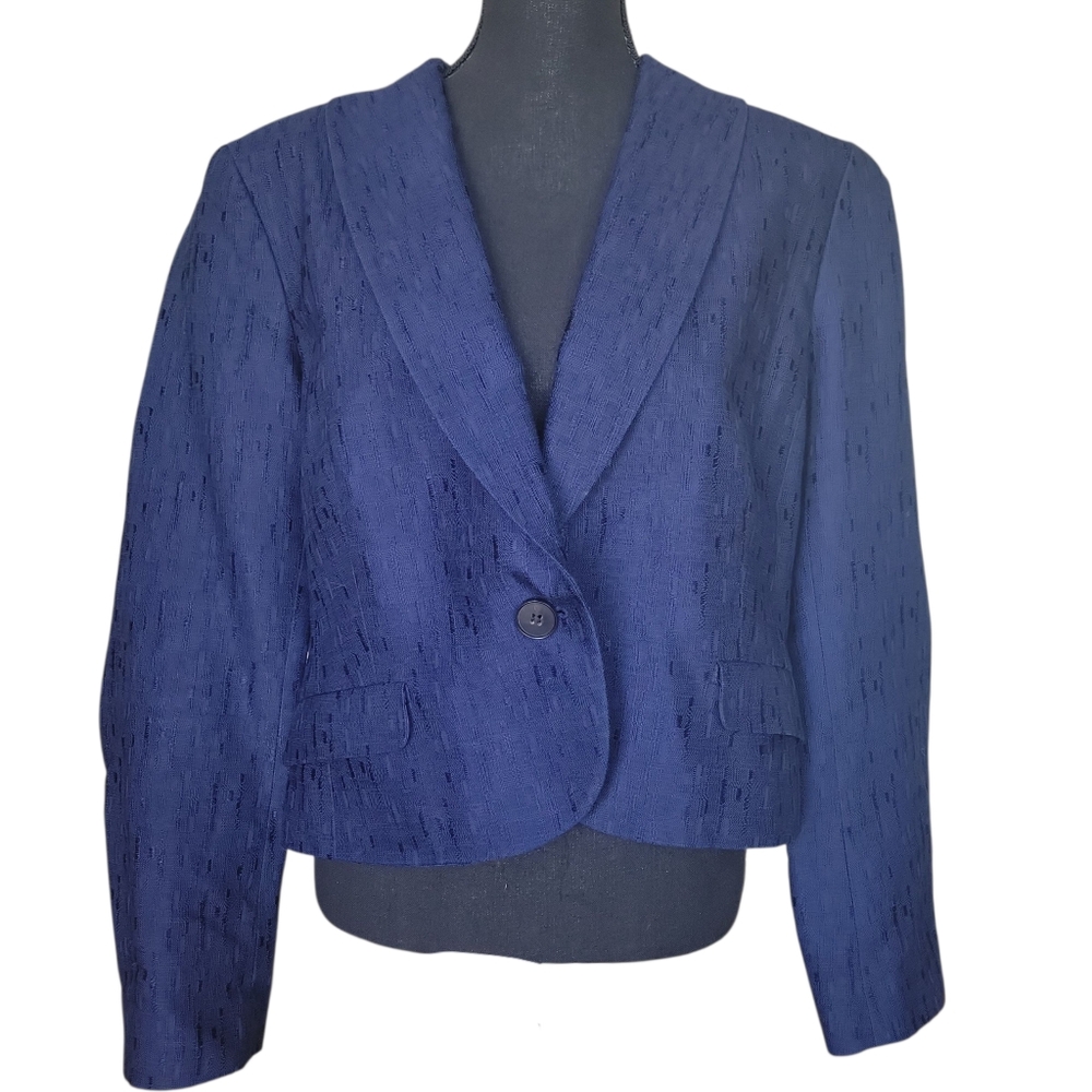 Lafayette 146 New York Blue Jacquard Wool Blend Single Button Blazer Women Sz 16 - Picture 2 of 12